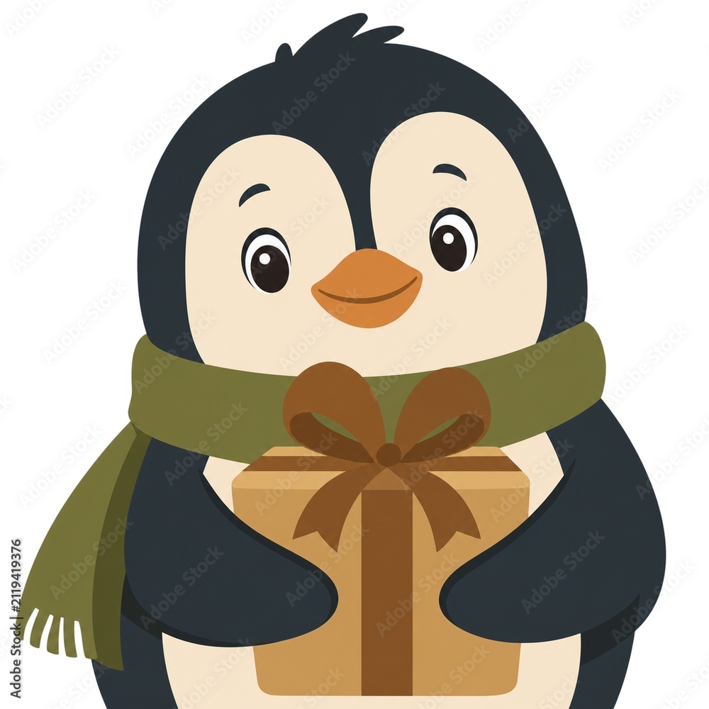 Obraz premium penguin holding a gift box close up flat design