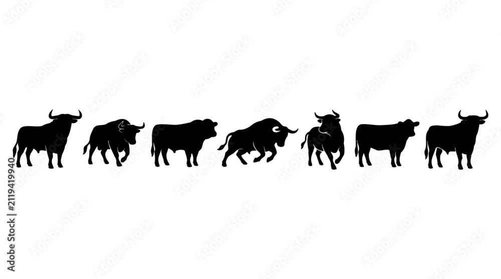 Fototapeta premium Bull silhouettes collection. Set of cattle icons for farm branding and livestock design.