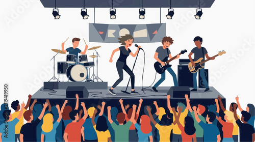 Energetic rock band performing live on stage to an enthusiastic crowd of fans raising their hands in excitement