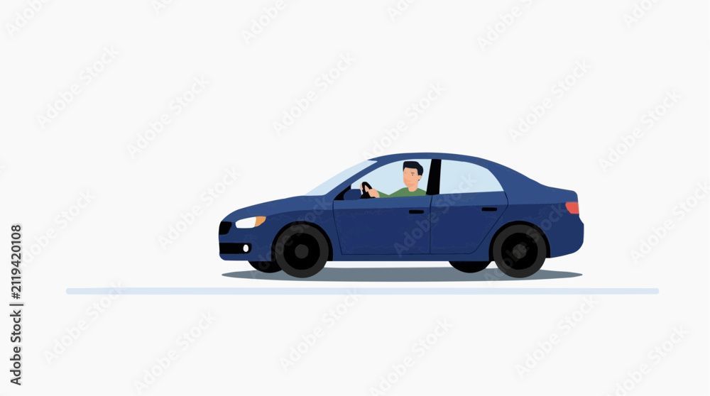 Fototapeta premium Blue Sedan Car Driven By A Man In A Green Shirt On A White Background Vector Illustration