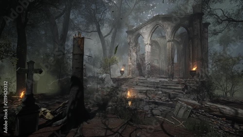 Firelit Gothic Ruins in a Foggy Forest Cemetery