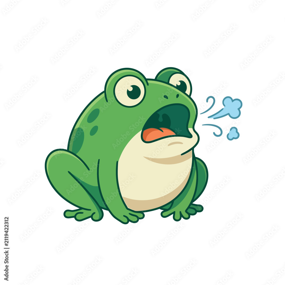 Obraz premium Cute Surprised Cartoon Green Frog Exhaling Air Illustration Isolated on White