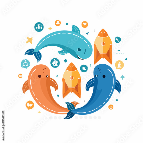 Flat Teamwork Whale Icon Set