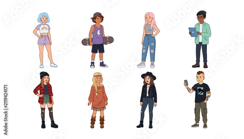 Cuadro en lienzo Modern teenagers and subculture youth characters set with skateboarder hipster g