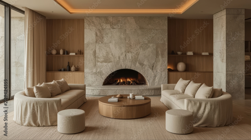 Obraz premium Warm minimalist living room with curved sofas, stone fireplace and soft neutral tones