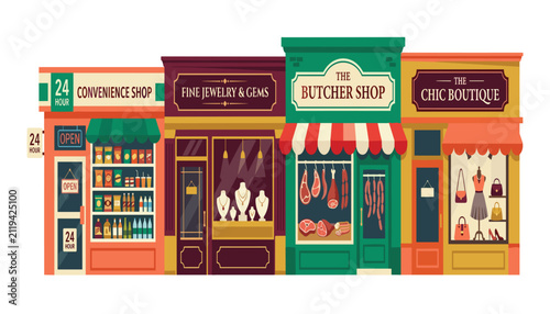Obraz na płótnie City street store storefronts set including convenience shop jewelry boutique bu
