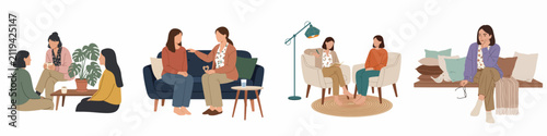 Flat illustration set depicting women in various supportive and social settings like therapy, friendship, and quiet reflection on a white background.