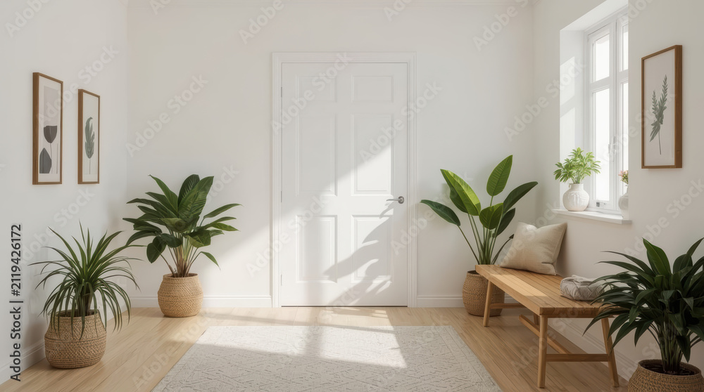 Obraz premium Minimalist home entrance wooden bench potted plant natural light cozy neutral decor