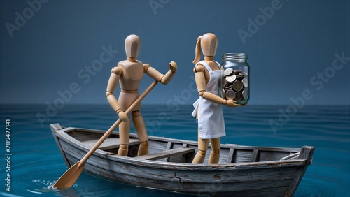 Wooden figures in boat, one rows, other holds jar of coins on calm blue water.