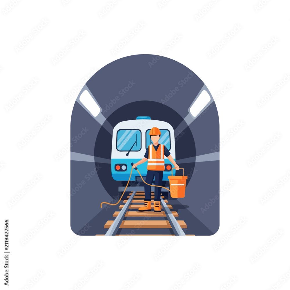 Fototapeta premium Flat Illustration of a Railway Maintenance Worker in a Subway Tunnel with a Train