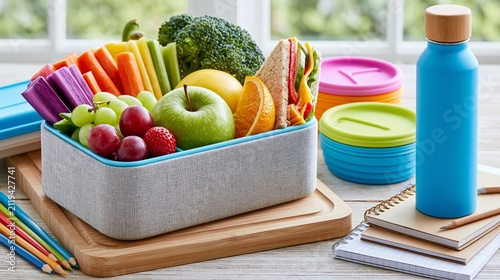 Brightly organized school lunch box with healthy snacks and drinks on a sunny table Generative AI