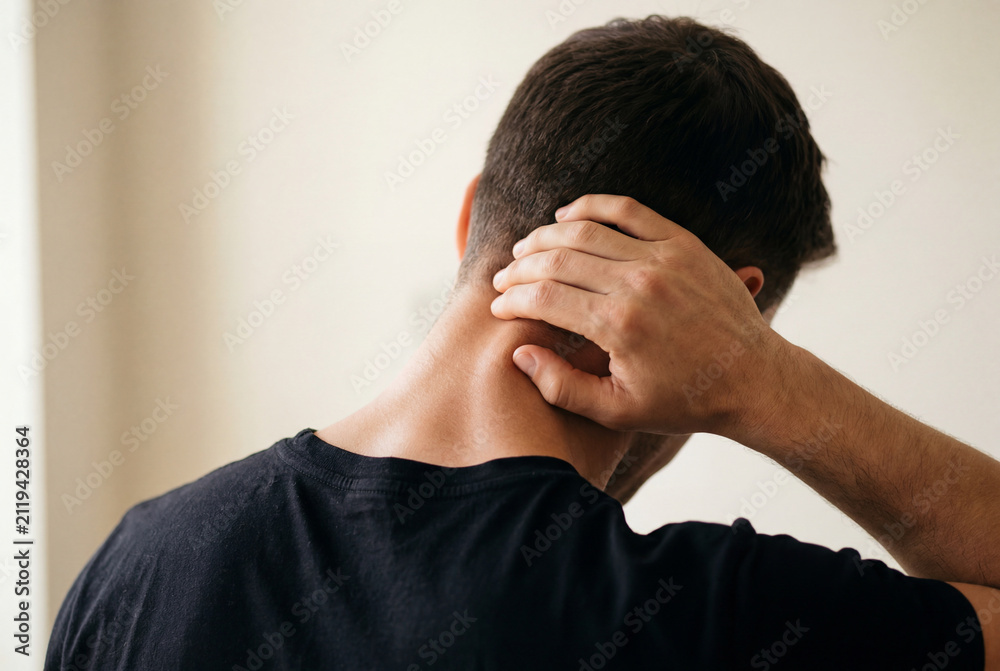 Fototapeta premium Man touching the back of his neck while wearing a black shirt