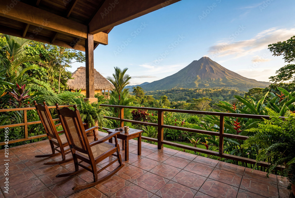 Obraz premium Majestic volcano towering over a lush green tropical forest viewed from a resort balcony