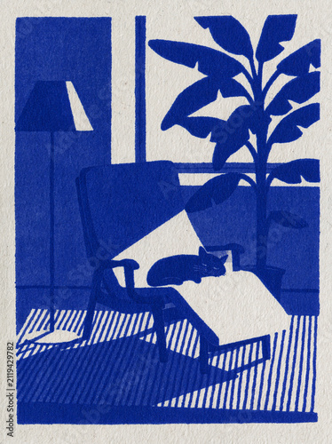 Mid-century lounge chair with a sleeping cat, floor lamp, striped rug, tall banana plant, large window behind, calm Scandinavian apartment, minimalist editorial illustration