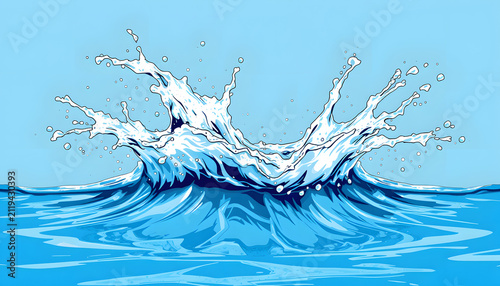Blue water splash isolated, comic art. White tone