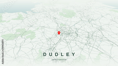 Modern minimalist vector map of Dudley, West Midlands, England. High-quality scalable illustration of Dudley geographic boundaries along Dudley Canal network for posters design.