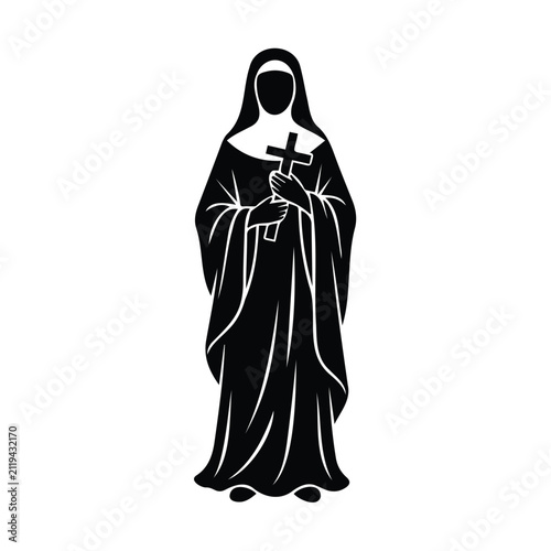 Bild auf Leinwand Black silhouette of young nun holding holy wooden cross isolated on white flat vector art