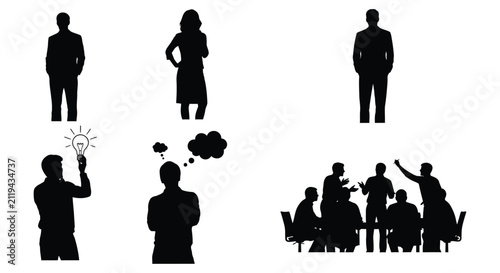 Foto Silhouettes of people in meetings, brainstorming and individual work scenarios