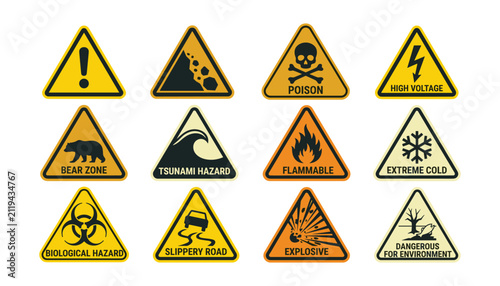 Warning hazard warning signs vector set featuring yellow triangular caution alerts and danger symbols isolated on white background