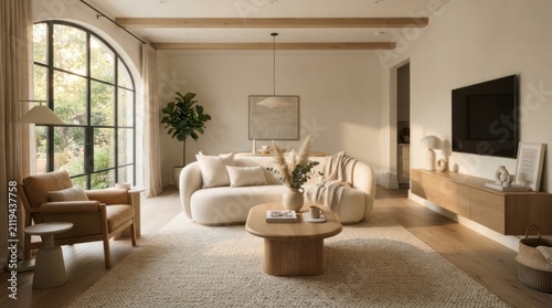 Modern living room interior design neutral tones natural light arch window