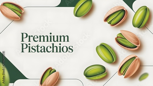Premium Pistachios displayed elegantly on a clean background with soft lines. The pistachios are cracked open, revealing their vibrant green kernels