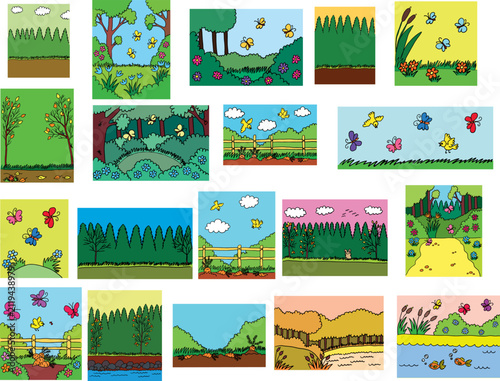 Cartoon fairytale landscape backgrounds set without characters for kids books, games and animation.