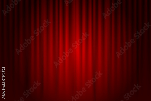 Stage red curtain with spotlight template. Closed double curtains with folds.