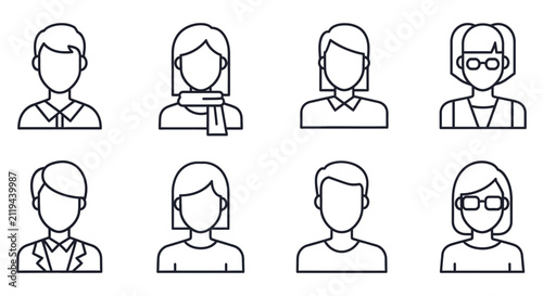 Фотография Line art illustration of eight diverse human faces in a grid arrangement