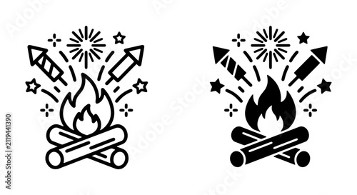 Campfire and Fireworks Icons, Celebration and Party Vector Graphics, Festive Holiday Symbols