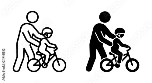 Learning to Ride a Bicycle, Father and Child, Teaching Balance, Outdoor Activity, Simple Iconography