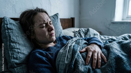 Woman In Bed Suffering From Painful Stomach Distress and Nausea
