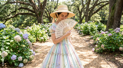 Southern belle in pastel floral dress holding lace fan with hoop skirt on garden path under oak trees, bashful vintage fashion scene evoking romantic nostalgia