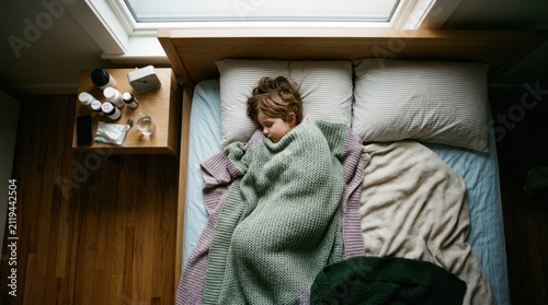 Small Child Sleeping Soundly Under Cozy Blanket Feeling Unwell
