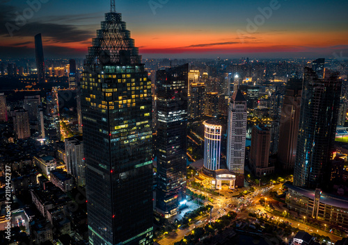 Obraz na płótnie Aerial twilight view of Wuhan Financial Street CBD