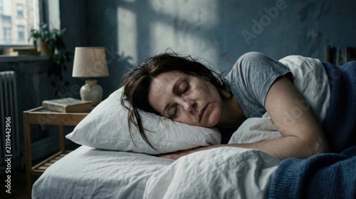 Woman Sleeping Soundly in Comfortable Bed Bedroom Ambiance