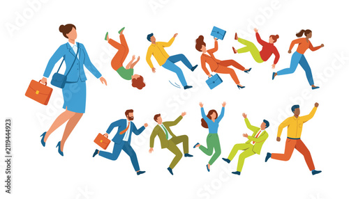 Fotografie PrintBusiness people falling running and jumping vector set of corporate employe