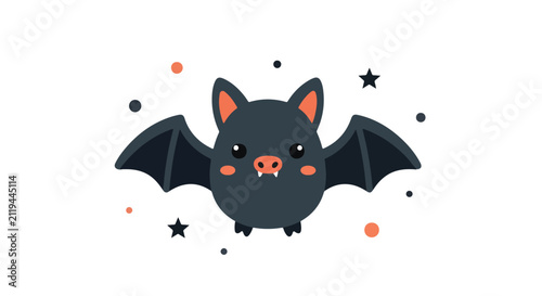 Foto A cute, cartoonish black bat with spread wings and small fangs, surrounded by stars and orange dots against a white background