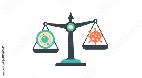 A minimalist flat vector icon of a mechanical scale balancing a healthy cell against a virus particle. Teal and coral orange colors. Representing the balance of the immune system and