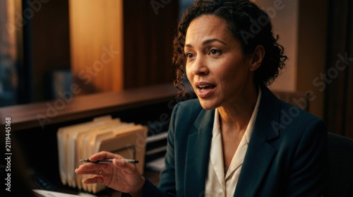 Professional Woman Explaining and Gesturing With Pen In Office Setting