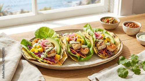 Flame-healthy taco alternatives featuring grilled fish and shrimp with fresh mango, avocado, and lime crema on a rustic plate by a sunny coastal window