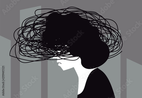 Obraz na plátne woman walking while carrying a tangled web of overwhelming thoughts
