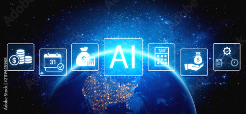 Fotografie Futuristic global financial landscape with AI technology, digital icons for finance, taxation, and budgeting concepts illuminated in cosmic space