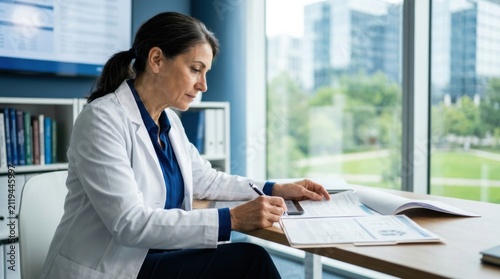 Professional Doctor Working Diligently At Her Desk In A Modern Office