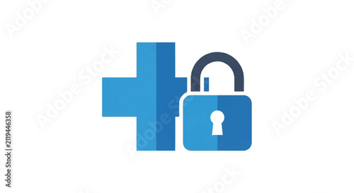 A creative flat icon combining a medical cross with a minimalist padlock shape, representing biological security and protected health. Clinical blue and white color scheme. Professional and