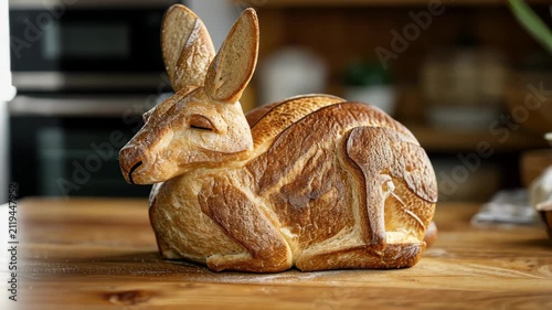 Bunny Bread Masterpiece: A creative loaf of bread sculpted into the adorable form of a sleeping bunny, showcasing intricate baking artistry and festive charm.