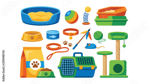 PrintPet shop accessories set with cat bed food bowl scratcher carrier litter box collar and toys isolated vector illustration