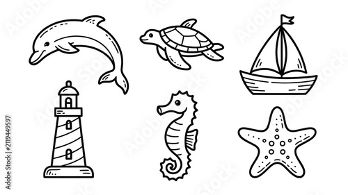 Marine ocean sea nautical vector illustration outline line set collection elements doodle sketch drawing dolphin turtle boat lighthouse seahorse starfish