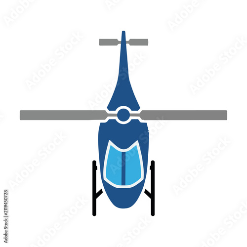 Top down view of a modern helicopter with minimalist geometric shapes and bold flat colors isolated on a white background, transportation and travel concept
