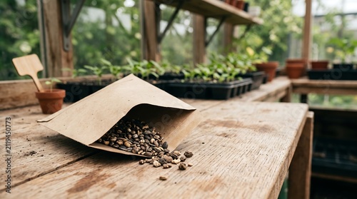 Paper Seed Envelope with Assorted Garden Seeds on Rustic Wooden Bench