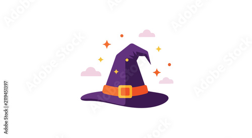 A purple witch hat with an orange band and gold buckle, decorated with magic sparkles and pink clouds on a plain white background.